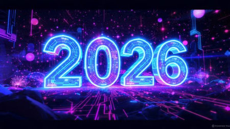Classy 2026 typography background with frosted ornament edges, icy reflections, luxury festive mood.