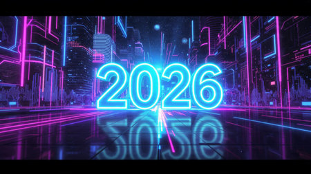New year 2016 neon lights on the city background. 3d rendering