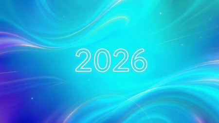 Luxury 2026 greeting with pearl-silver shimmer haze and cool winter illumination.