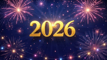 Happy new year 2016. Golden numbers and fireworks on dark blue background