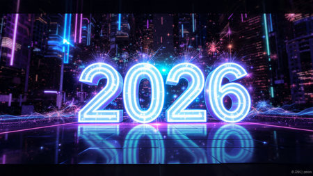 Premium 2026 celebration backdrop with diamond frost particles and crisp layout.
