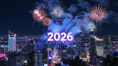 Luxury 2026 New Year greeting background with frozen bokeh glow, minimal festive accents.