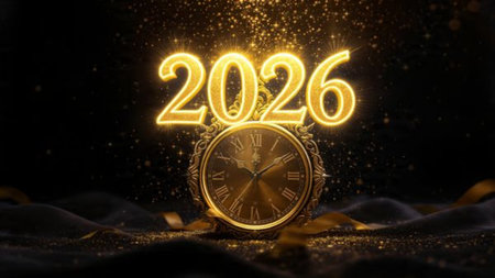 Classy 2026 typography background with frosted ornament edges, icy reflections, luxury festive mood.
