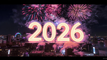 Minimal 2026 luxury greeting with silver sparkle field and refined white space composition.