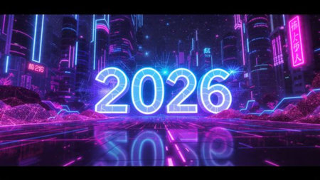Luxury New Year 2026 backdrop with glossy ice-blue gradients and soft floating spark particles,...