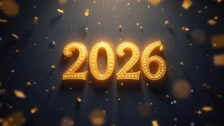 Happy New Year 2016 golden neon sign on black background. 3D rendering