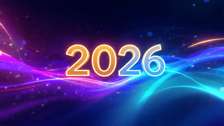 Happy New Year. Abstract background with glowing neon numbers. Vector illustration.