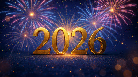 Refined 2026 greeting canvas with soft silver glow and minimal confetti noise, luxury layout.