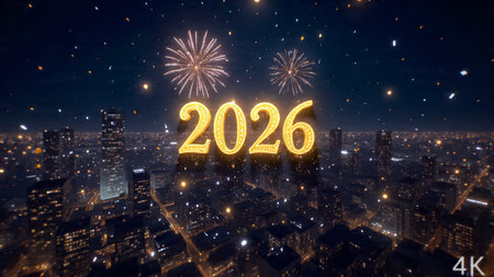 Happy New Year 2016 with fireworks above the city. 3D Rendering
