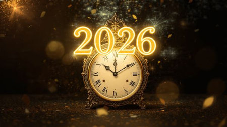 High-end 2026 New Year background with cool winter light diffusion, soft silver sparkles, and modern...
