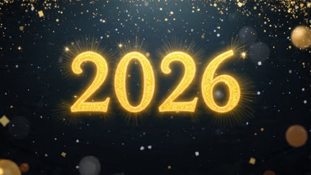 2026 luxury celebration backdrop with glassy reflections and subtle cool glow, modern festive...