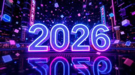 Premium 2026 greeting visual with pearl frost glow arcs and minimal shadows.