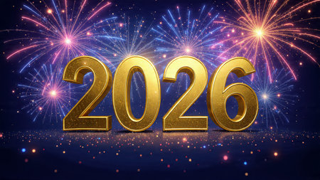 Premium 2026 greeting design with diamond frost spark overlay and minimal shadows.