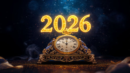 Luxury 2026 greeting design with soft ice shimmer mist and silver glow accents.