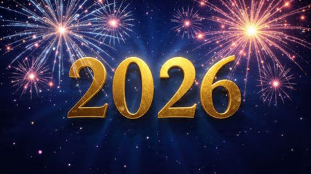 Golden numbers with fireworks on dark blue background