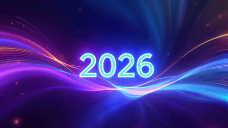 2026 luxury celebration backdrop with cool frost blur and minimal shimmer noise.