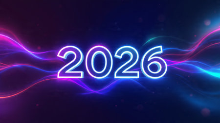 Luxury New Year 2026 background with silver clock silhouette, midnight glow, and soft frost...