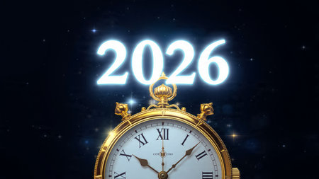 New Year concept with golden pocket watch on dark background. 3D Rendering