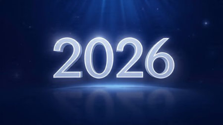 Luxury 2026 New Year visual with smooth icy light arcs and premium copy space.