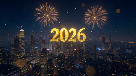 Happy new year with fireworks and cityscape at night, 3d rendering