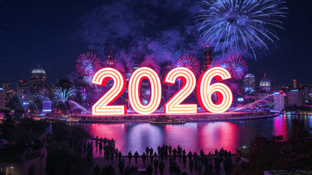 Luxury 2026 winter canvas with crystal-dust particles and clean festive space.
