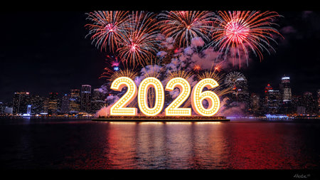 Luxury 2026 winter canvas with crystal-dust particles and clean festive space.