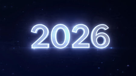 Elegant 2026 background with silver glow edges and minimal sparkle diffusion.