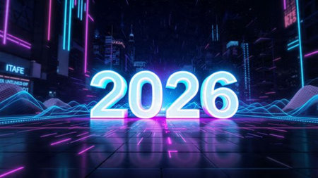 New Year 2026 luxury design with floating glassy numbers, soft crystal glow, minimalist celebration...