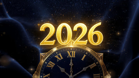 Premium 2026 celebration backdrop with diamond frost particles and crisp layout.