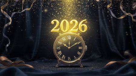 New Year 2020 celebration concept. Golden clock and confetti on black background. 3D Rendering
