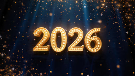 Happy New Year 2016. Golden neon sign on a blue curtain background.