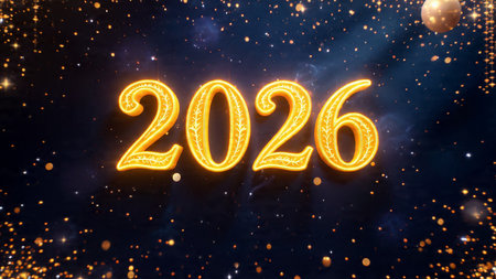 Winter luxury New Year 2026 scene with soft snowfall blur, silver gleam lighting, high-resolution...
