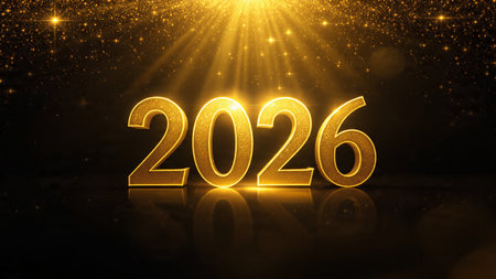 Luxury 2026 New Year visual with smooth silver light trails and clean layout balance.