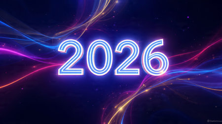 New year 2026 written with glowing neon lights on a dark blue background