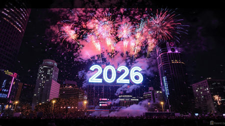 Elegant 2026 background with silver glow edges and minimal sparkle diffusion.