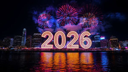 Premium 2026 luxury greeting with icy shimmer corners and soft festive glow.