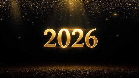 Luxury 2026 greeting design with soft ice-blue shimmer mist and silver glow accents.