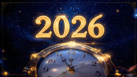 2026 premium celebration backdrop with soft glowing frost arcs and minimal noise.