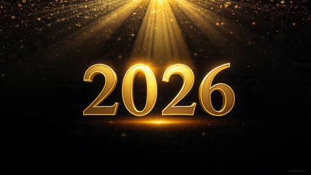 Happy New Year gold text on dark background. 3d illustration
