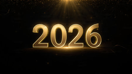 Minimal luxury 2026 New Year composition with gentle glow arc, silver sparkle gradient, clean copy...