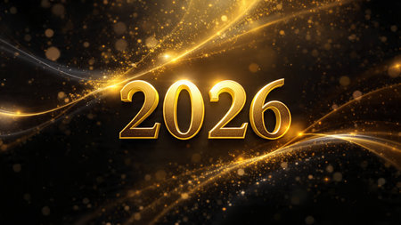 Happy New Year gold text on black background. Vector illustration.