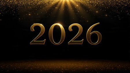 Classy 2026 typography background with frosted ornament edges, icy reflections, luxury festive mood.