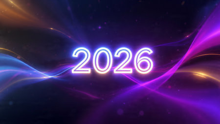 Premium 2026 greeting visual with pearl frost glow arcs and minimal shadows.