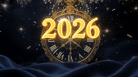Happy New Year 2016 with clock and fireworks - 3D Rendering