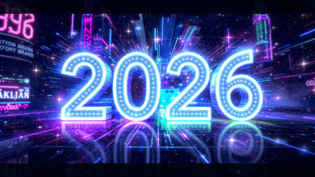 New year 2016 neon sign on a futuristic background. 3d rendering