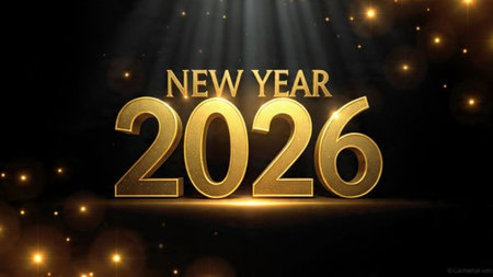 High-class 2026 New Year scene with icy sparkle particles and clean white background balance.