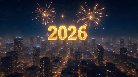 Happy new year with fireworks over cityscape at night. 3D rendering