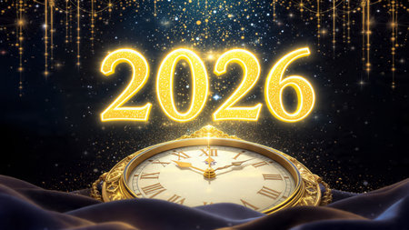 New Year 2016 background with golden clock and bokeh lights.