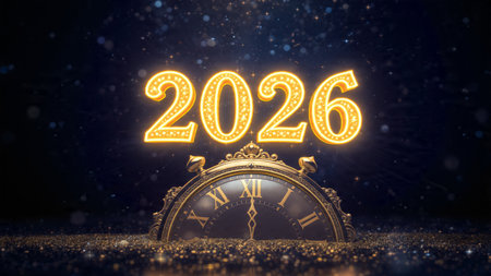 2026 luxury celebration backdrop with glassy reflections and subtle cool glow, modern festive...