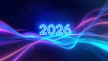 New Year 2016 background with glowing lines and bokeh effect.